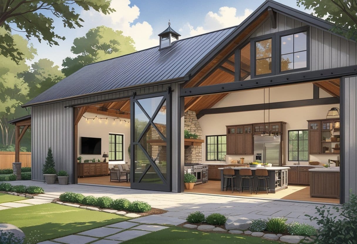 A spacious barndominium showing both exterior and interior views with rustic wooden beams, large windows, a stone fireplace, modern kitchen island, and outdoor seating area with string lights.