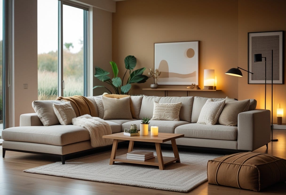 A living room with a sofa, coffee table, large windows, and plants, illuminated by natural and soft lighting.