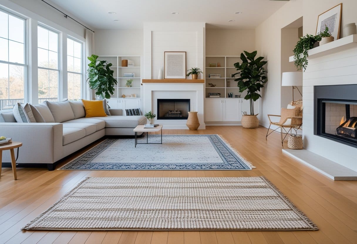 A living room showing different rug sizes placed under furniture to illustrate how to choose the right rug size for different areas.