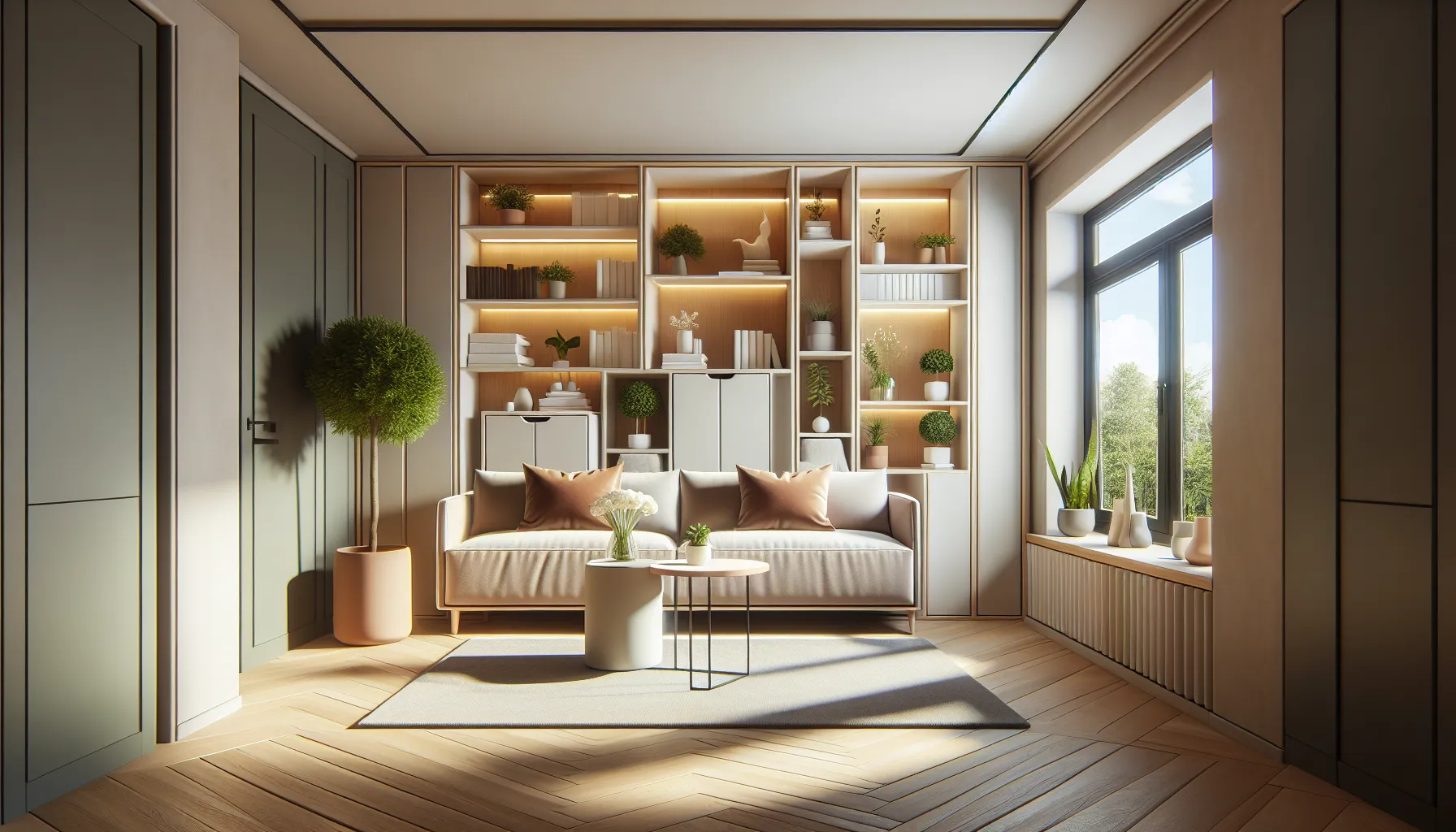 Modern living room with a large bookshelf, sofa, coffee table, potted plants, and a big window letting in natural light.