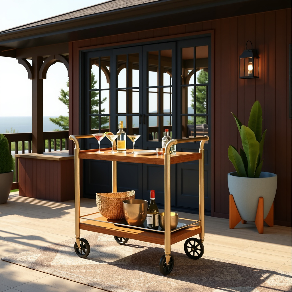 A wooden and gold bar cart with drinks and glassware sits on a patio deck, with glass doors, a potted plant, and scenic outdoor view in the background.