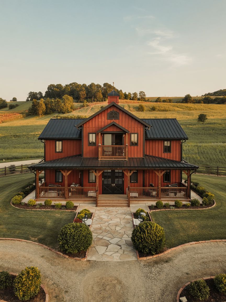 A two-story red barn-style house with a black metal roof sits amid green fields, surrounded by landscaping and a curved gravel driveway.