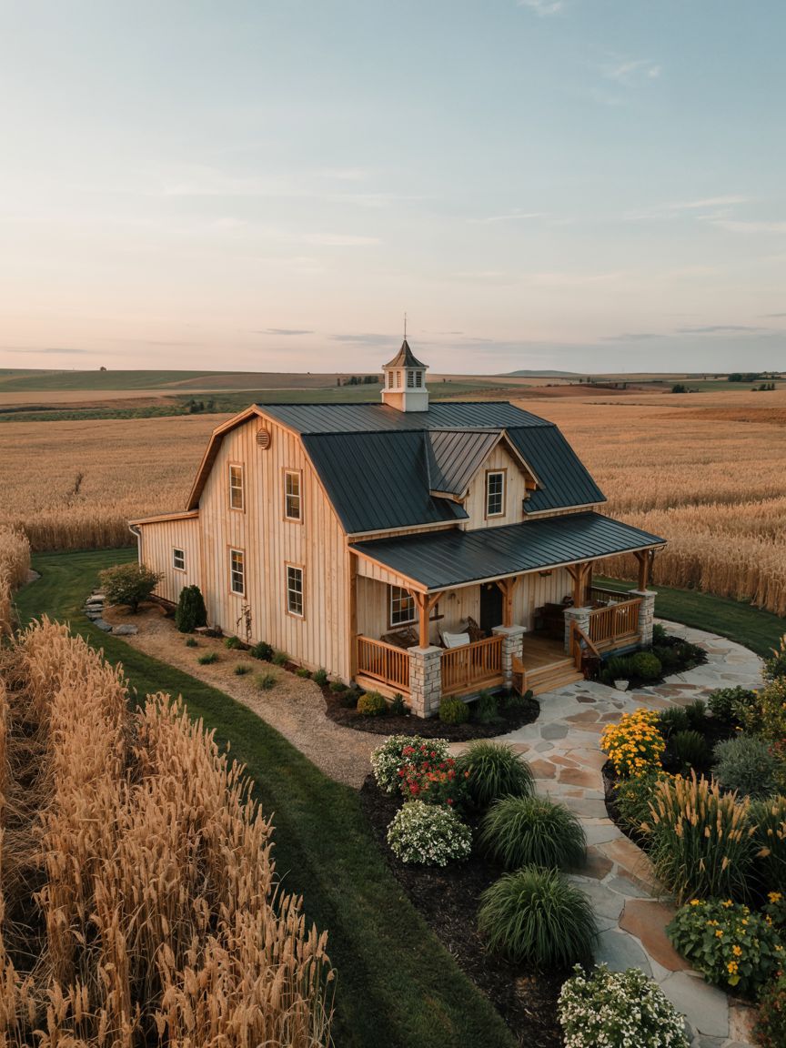 A two-story barn-style house with a front porch sits among tall cornfields and landscaped gardens under a clear sky at sunset.