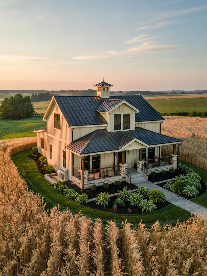 A modern farmhouse with a metal roof and covered porch sits surrounded by a circular lawn and fields of tall crops under a clear sky at sunset.
