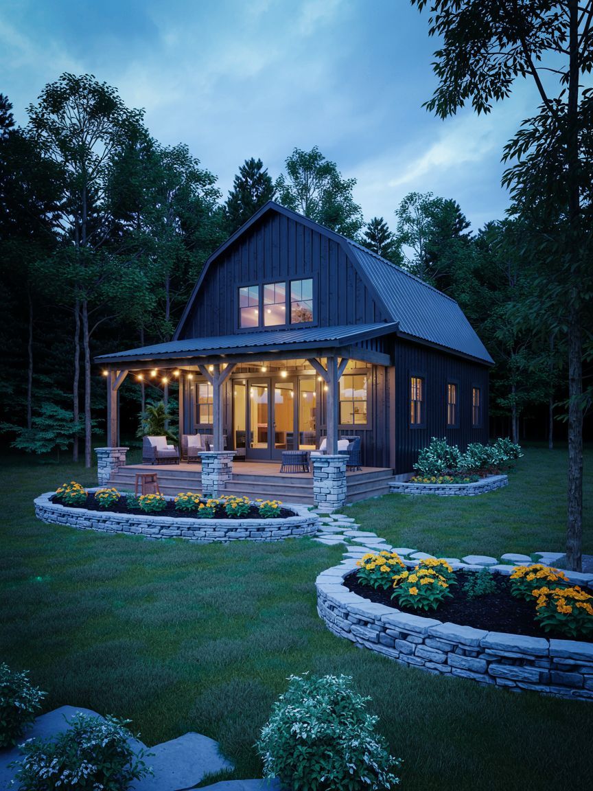 A two-story dark wood house with a porch and warm lights is surrounded by stone-edged flower beds and green lawn, set among tall trees at dusk.