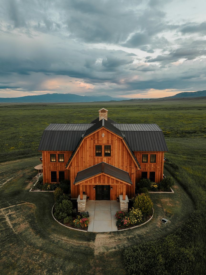 A two-story wooden barn-style house with a metal roof sits in the center of a green field under a cloudy sky at sunset.