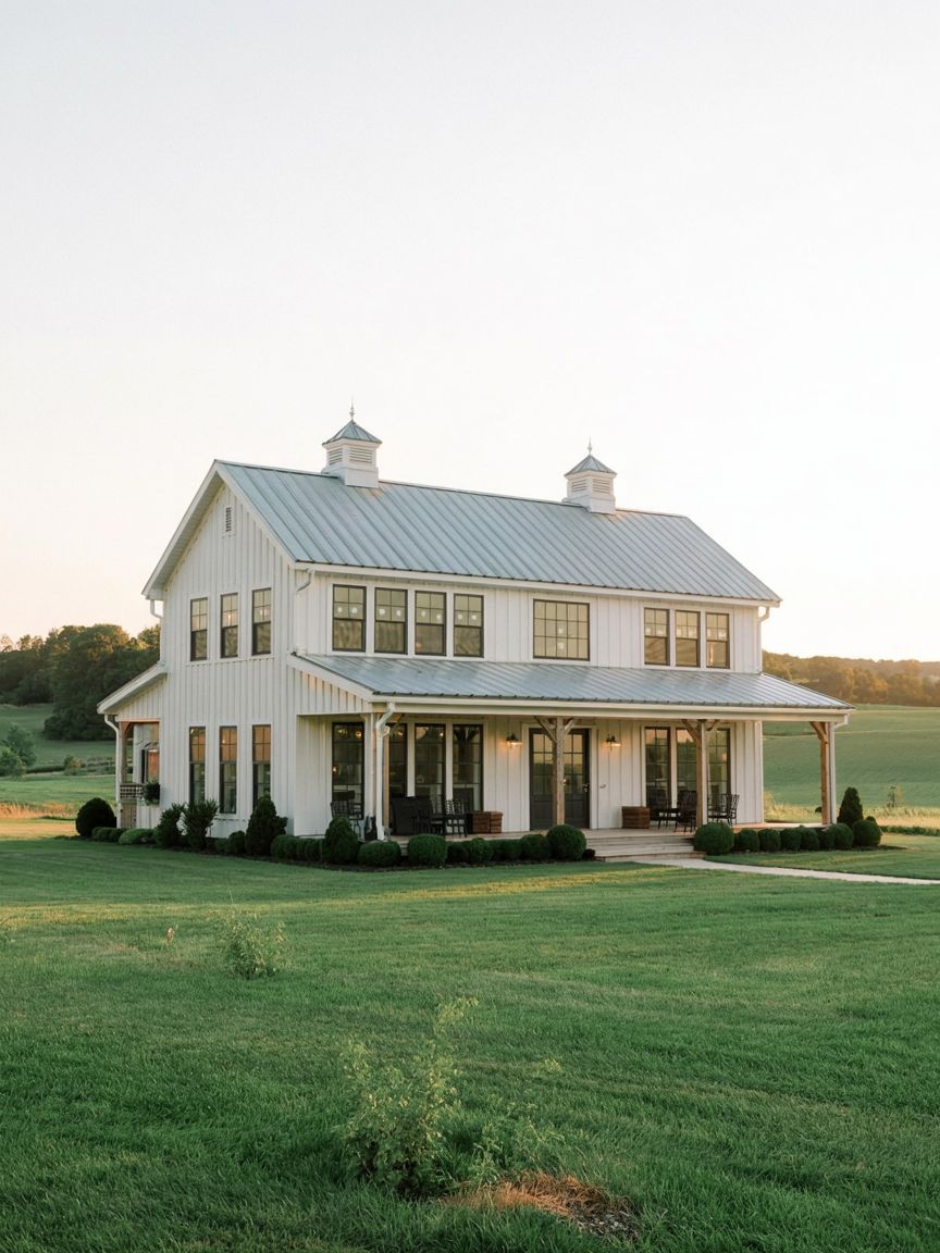 Two-story white farmhouse with a metal roof and cupolas, surrounded by grass fields and light landscaping, photographed at sunset.