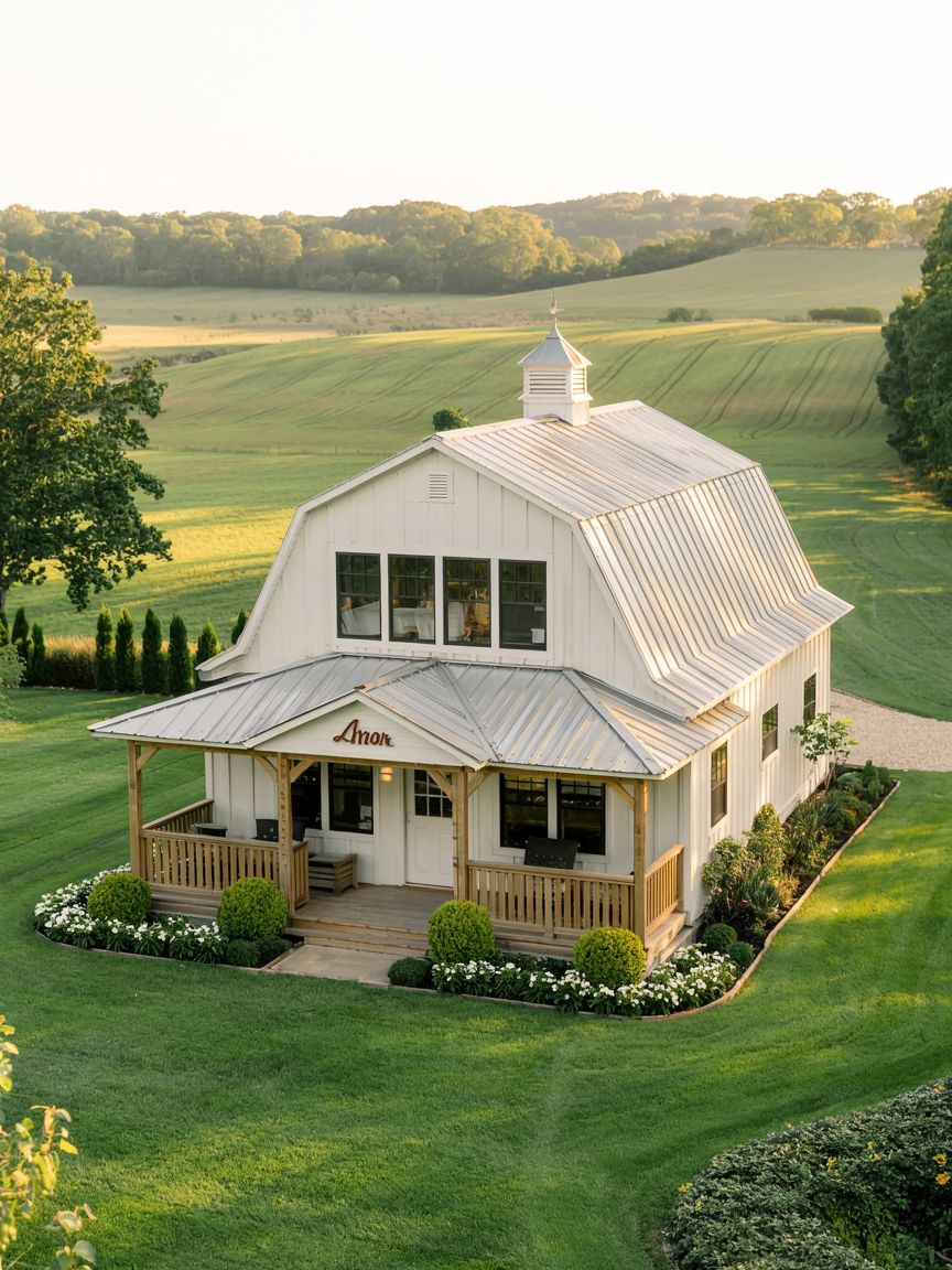 A white barn-style building with a metal roof sits on manicured green lawns, surrounded by flower beds and fields under a clear sky.