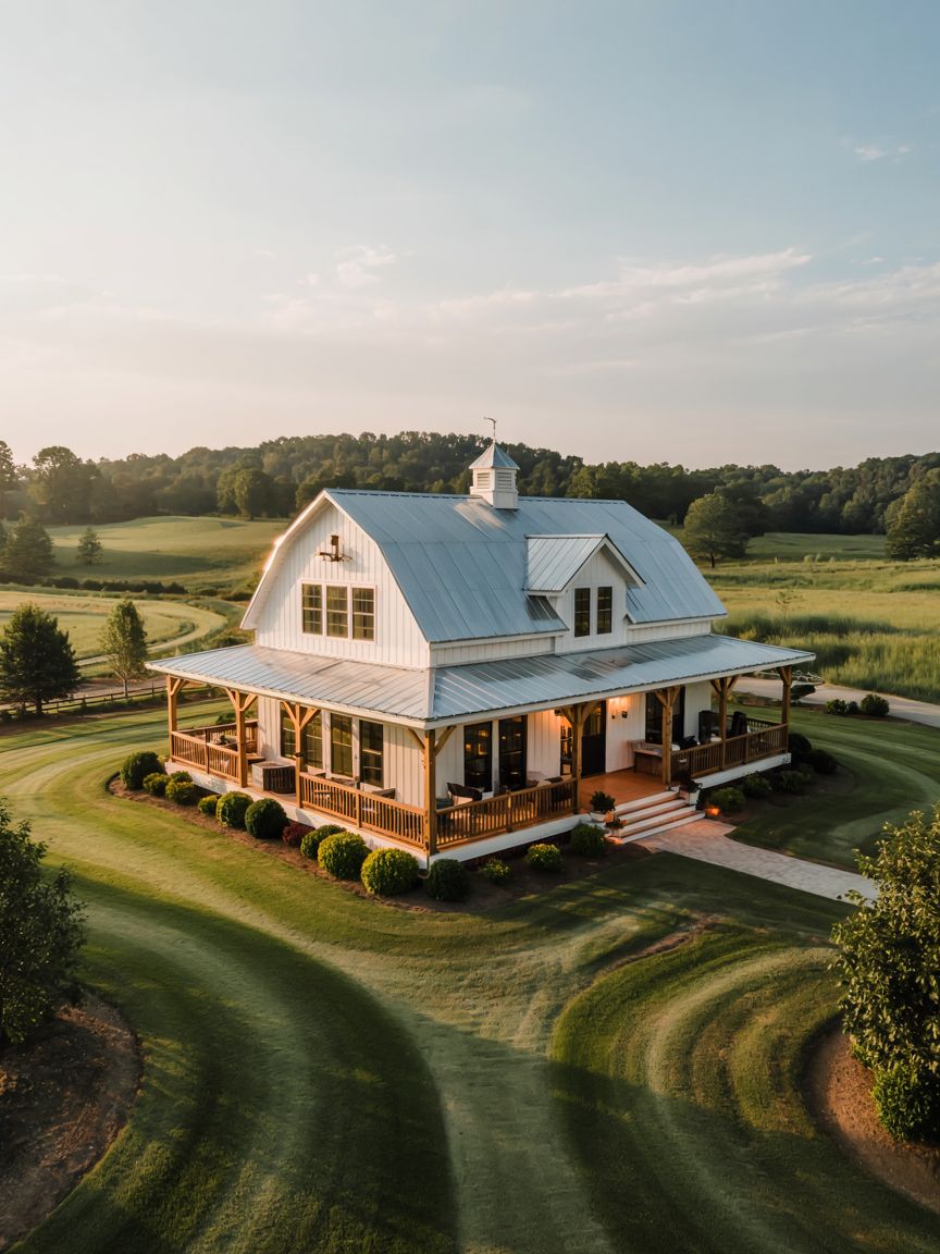 A white two-story farmhouse with a metal roof, wraparound porch, and manicured lawn, surrounded by open fields and trees under a clear sky.
