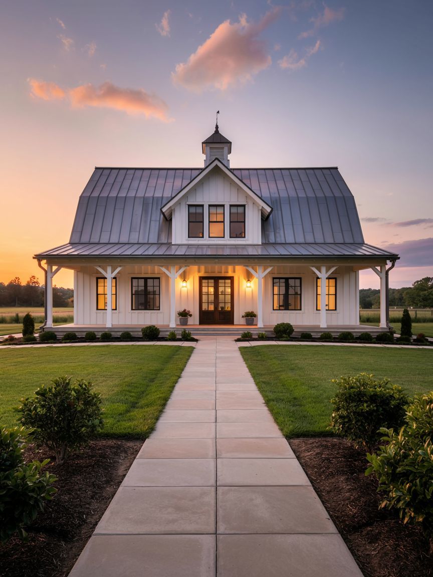 A modern farmhouse with a metal roof and white siding is pictured at sunset, featuring a central walkway, manicured lawn, and lit windows.