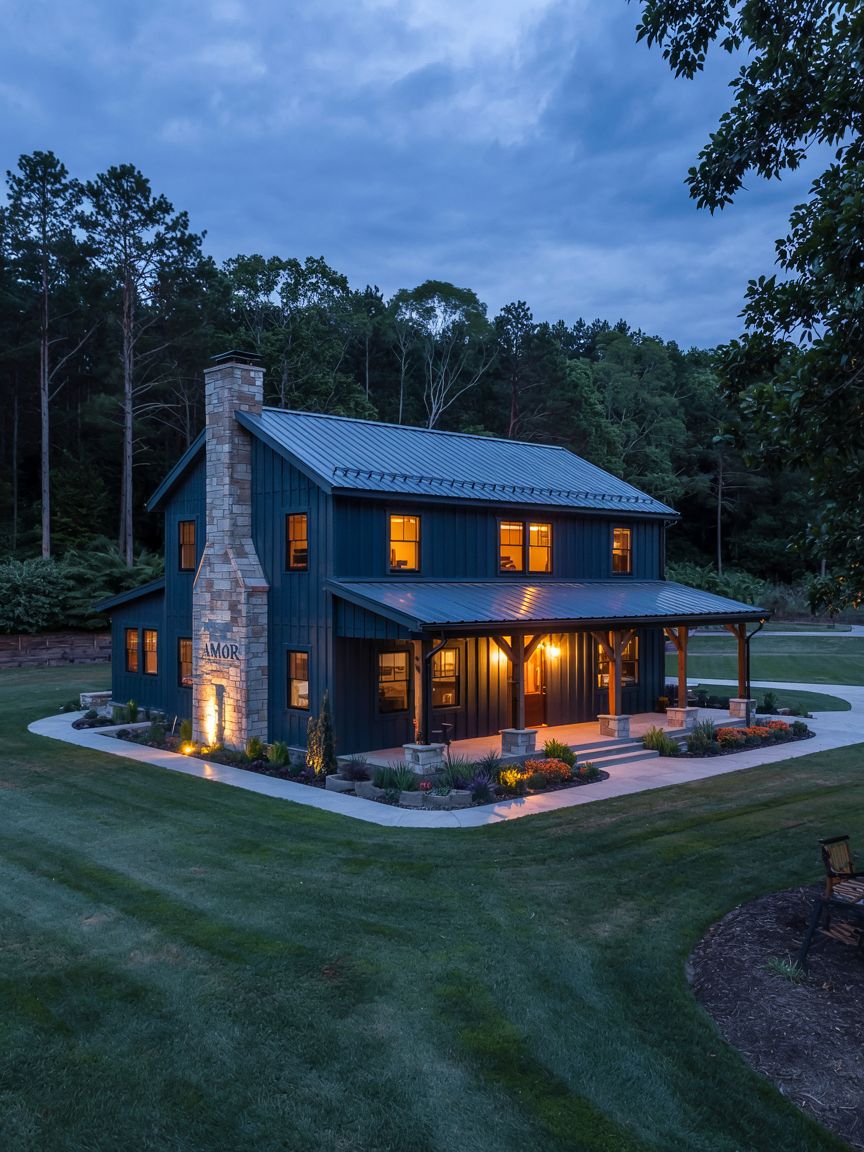 A two-story modern farmhouse with dark blue siding and a stone chimney is lit warmly at dusk, surrounded by manicured lawn and trees.