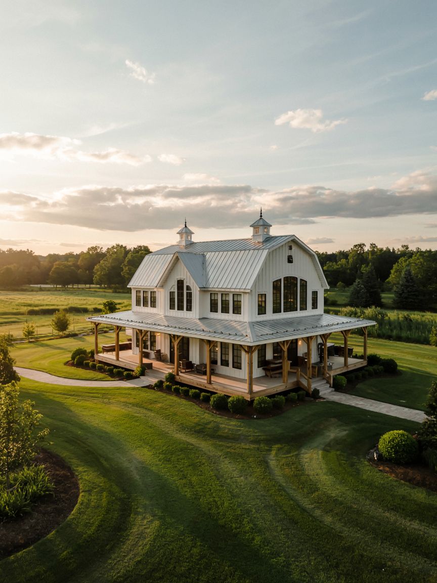 A large white barn-style house with a metal roof sits on manicured green lawns, surrounded by trees under a partly cloudy sky at sunset.