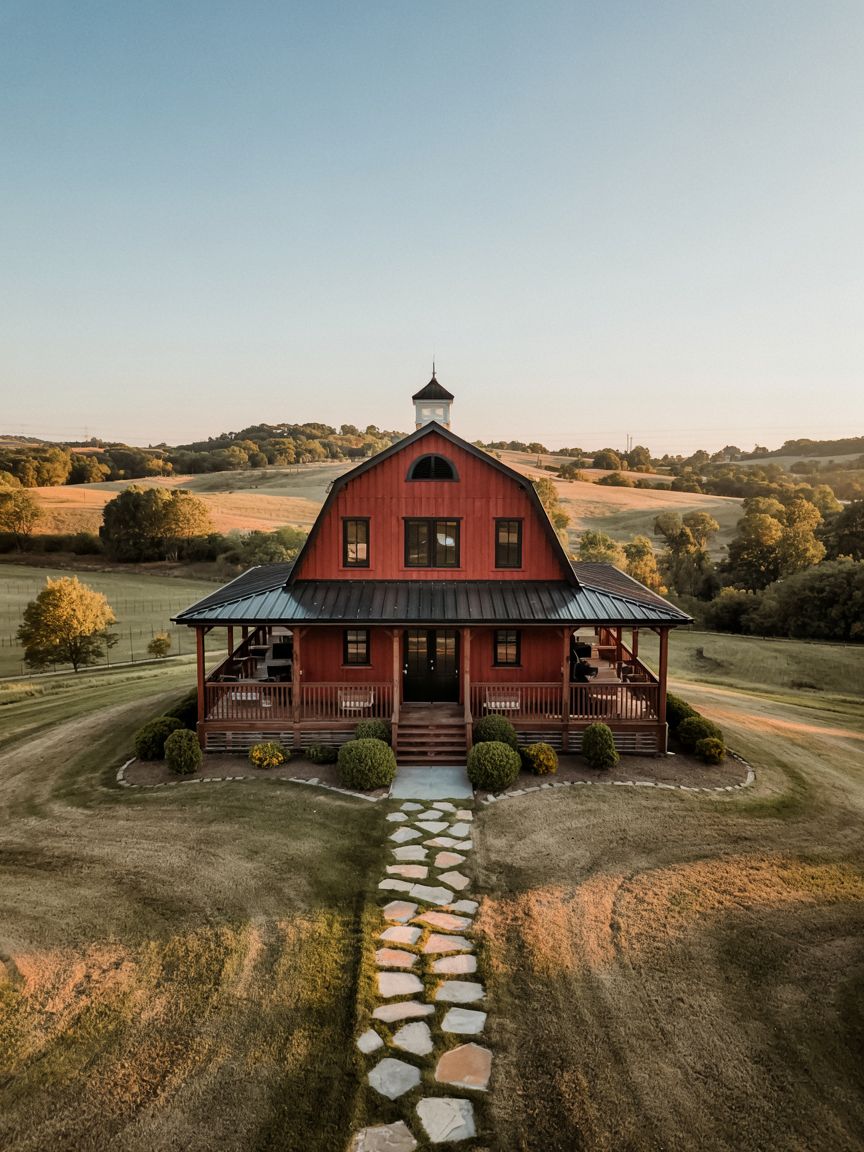 A red barn-style house with a cupola stands in the center of a grassy yard, with a stone path leading to its front porch, surrounded by rolling hills and trees.