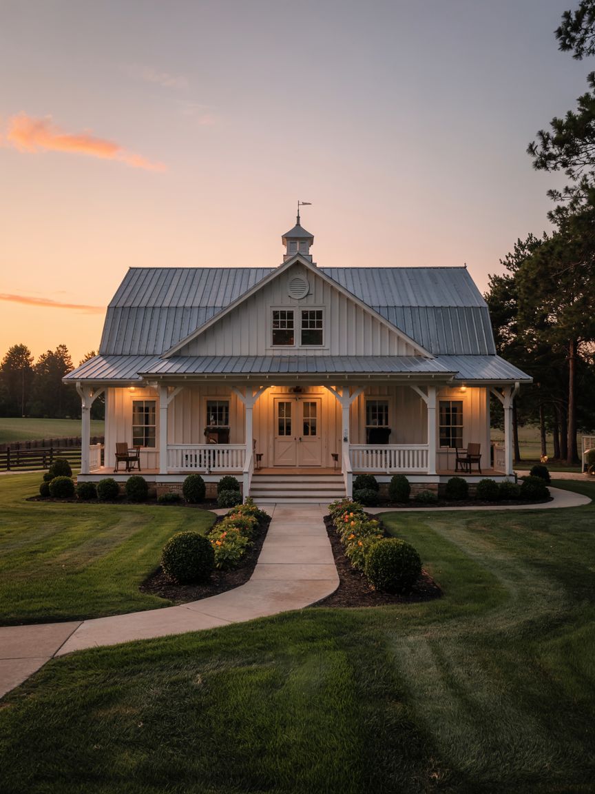 A white farmhouse with a metal roof and a wraparound porch is shown at sunset, surrounded by a well-manicured lawn and landscaped flower beds.