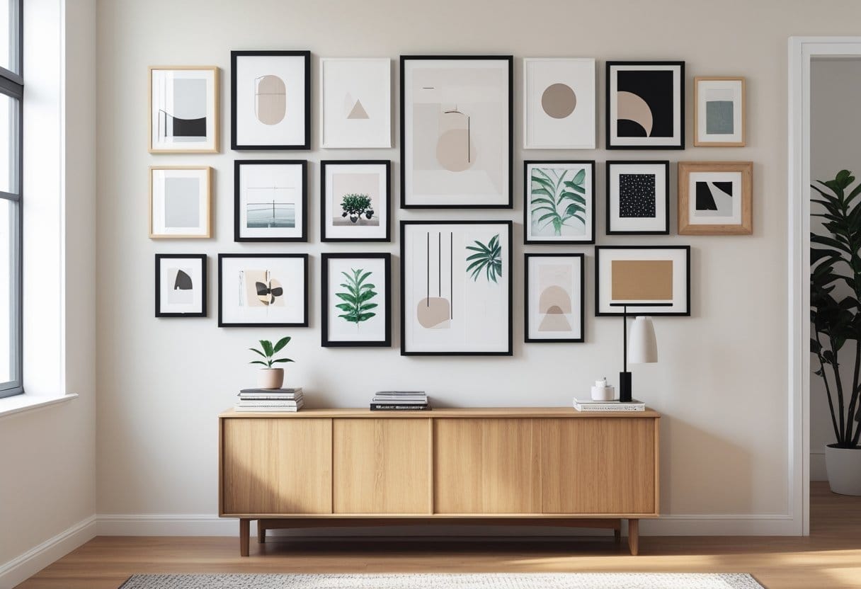 A living room with a neatly arranged gallery wall of framed artwork above a wooden console table with decorative items.