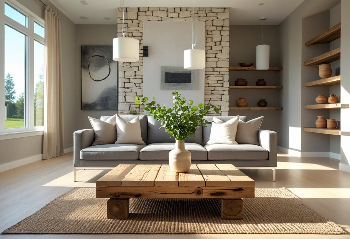 A bright living room with a gray sofa, wooden coffee table, stone wall, and decorative plants.