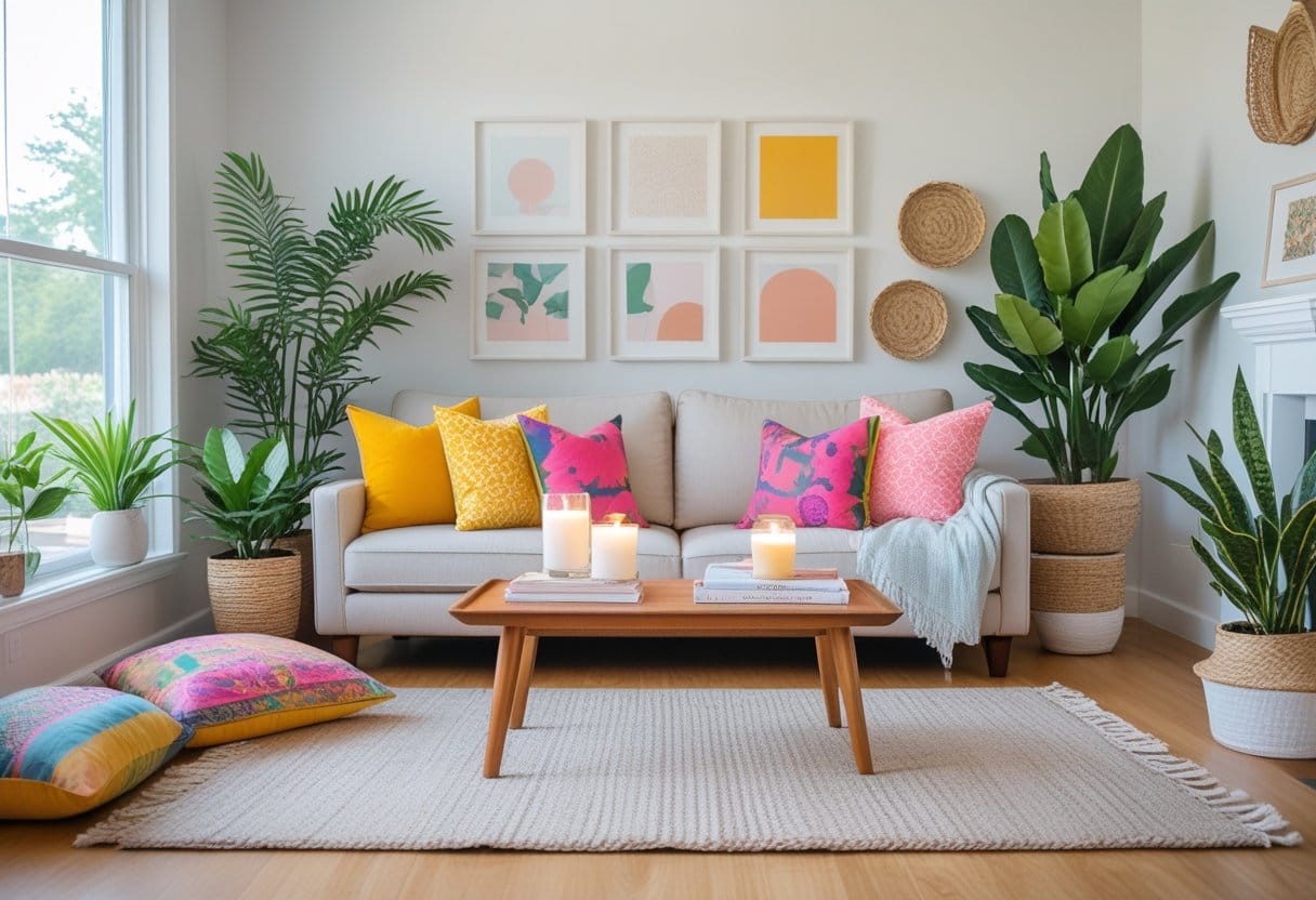 A bright living room with a neutral sofa, colorful throw pillows, potted plants, wall art, and a wooden coffee table with books and candles.
