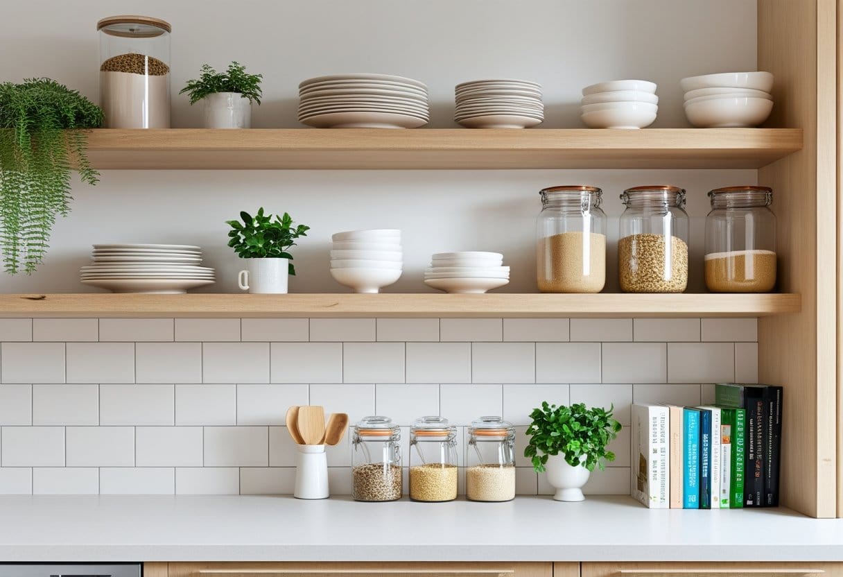 A clean kitchen with open wooden shelves holding plates, glass jars, plants, and cookbooks arranged neatly.