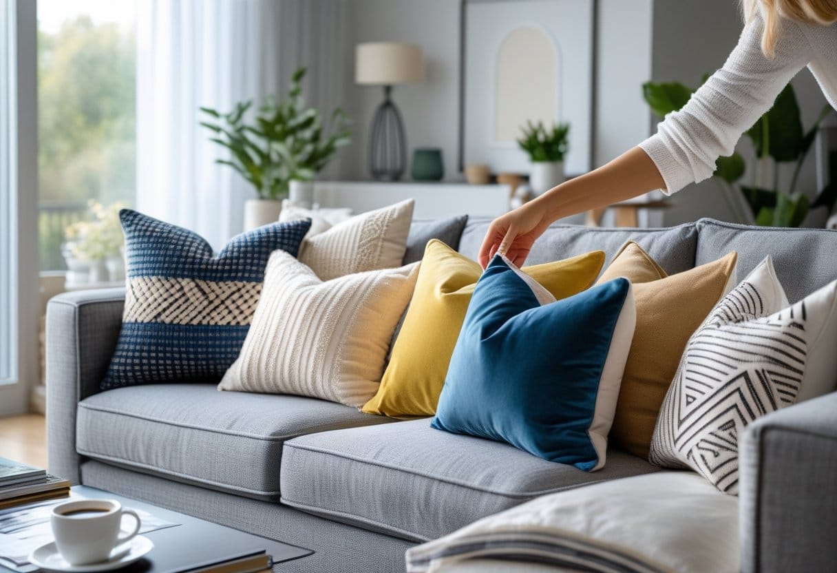 A living room sofa with various throw pillows in different colors and patterns, with a hand adjusting one pillow.