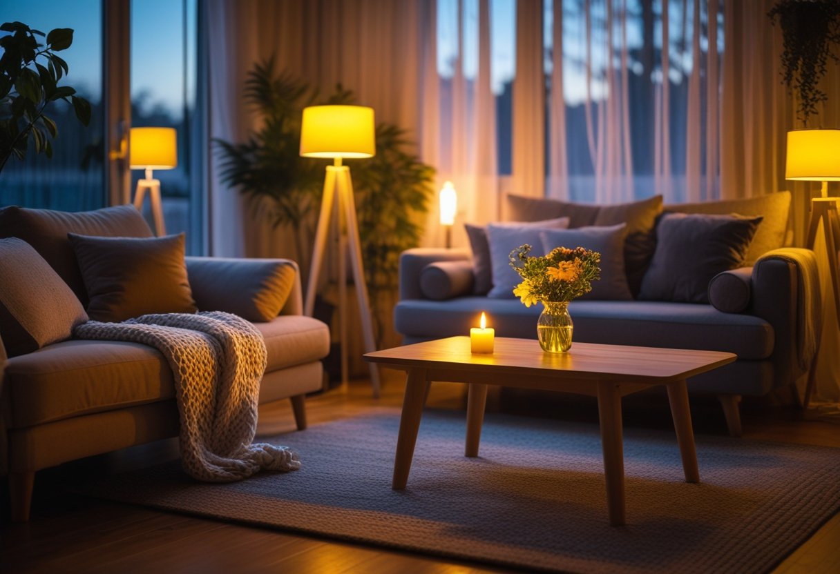 A cozy living room with two sofas, a coffee table with a candle and flowers, and soft lighting from floor lamps in the evening.