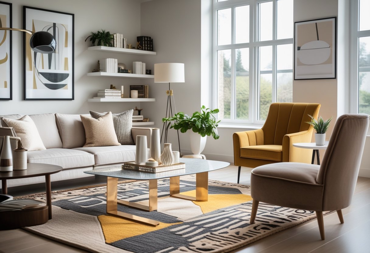 A modern living room with a beige sofa, yellow armchair, coffee table, geometric rug, wall art, bookshelves, houseplants, and large windows letting in natural light.