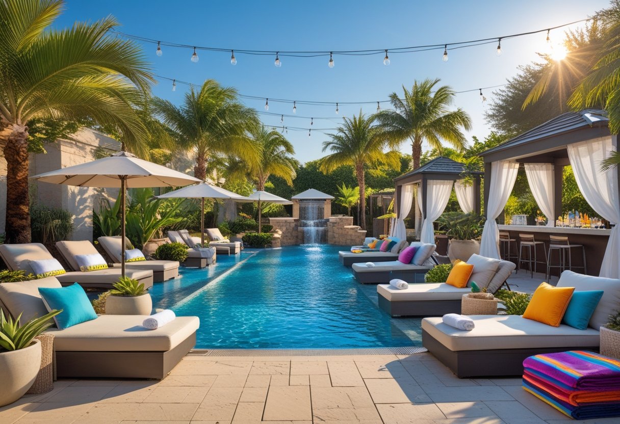 Luxury outdoor pool area with lounge chairs, colorful pillows, umbrellas, cabanas, palm trees, and string lights on a sunny day.