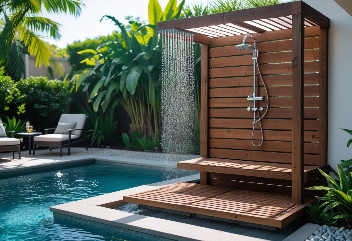 A modern outdoor shower with a wooden privacy screen is beside a swimming pool, surrounded by tropical plants and lounge chairs.