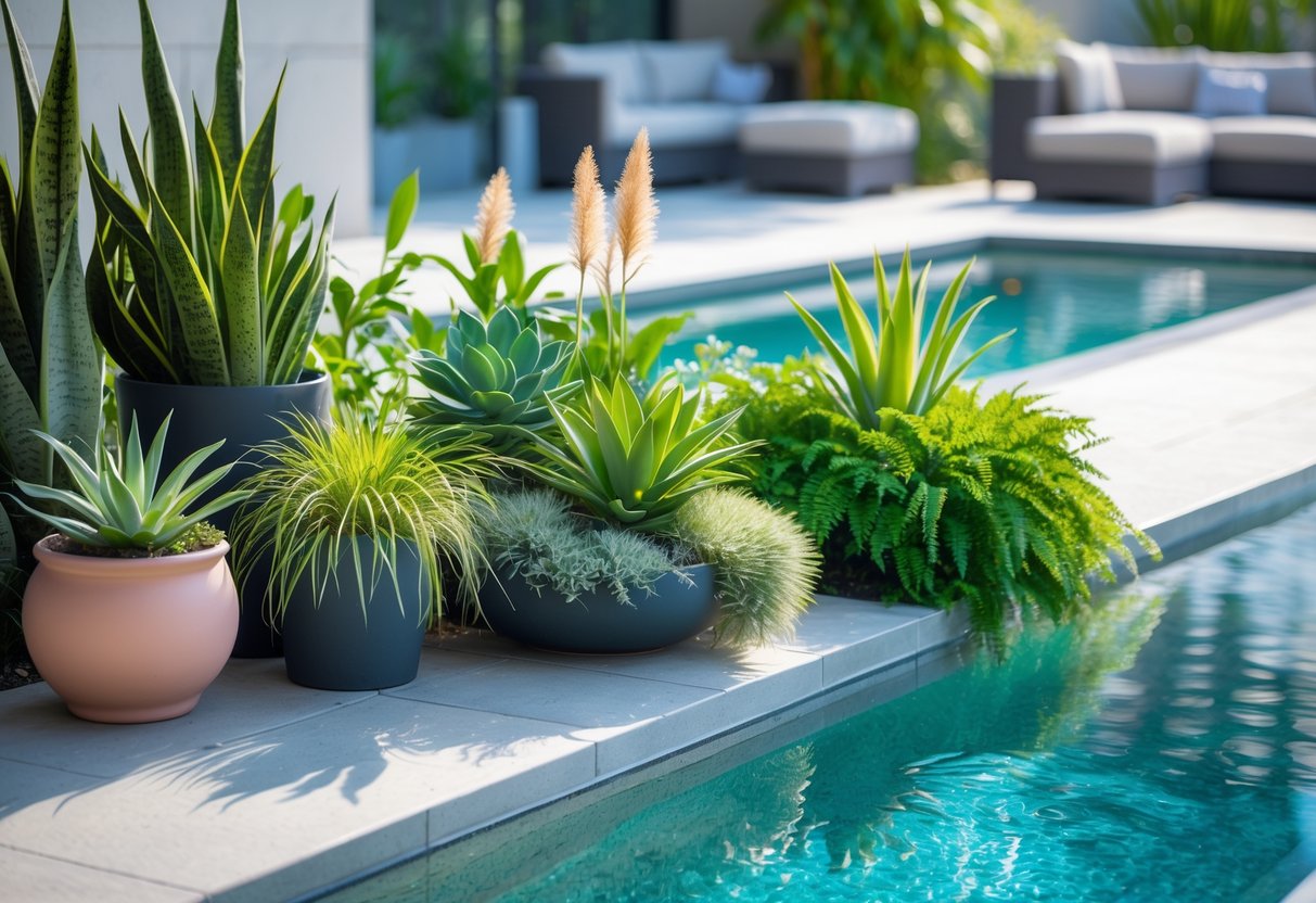 Potted succulents and ornamental grasses are arranged by the edge of a modern backyard swimming pool, with outdoor seating visible in the background.