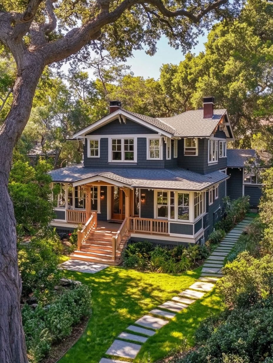 Two-story craftsman-style house with a covered porch, dark blue siding, white trim, and a landscaped yard with a stone pathway, surrounded by mature trees.