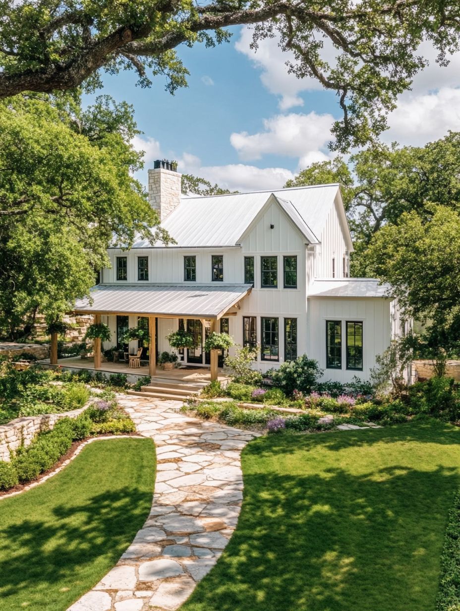 A white two-story farmhouse with a metal roof, covered front porch, and stone pathway, surrounded by lush green landscaping and mature trees under a blue sky.