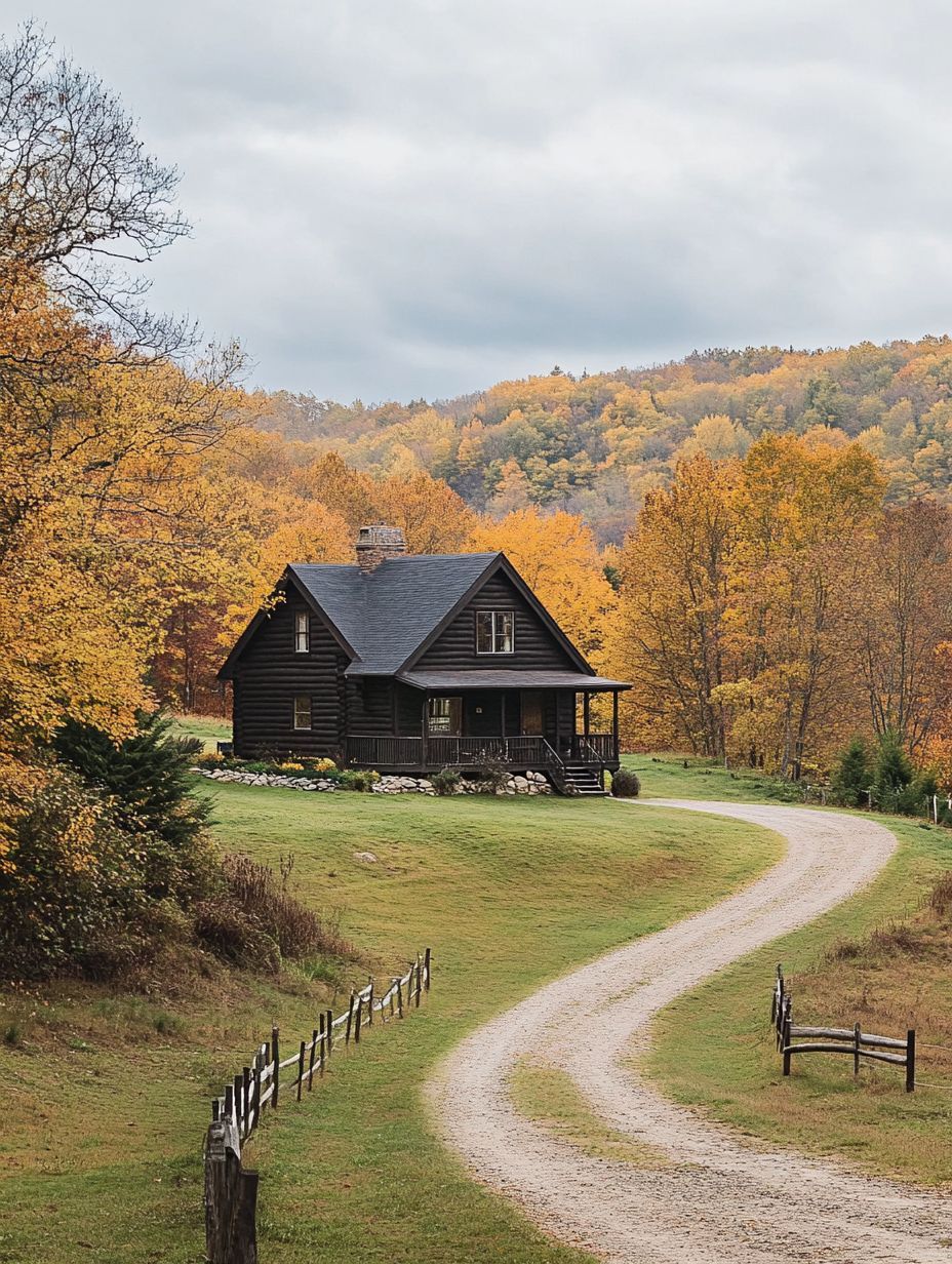 A dark wooden house with a front porch sits beside a winding gravel road, surrounded by autumn trees and distant hills under a cloudy sky.