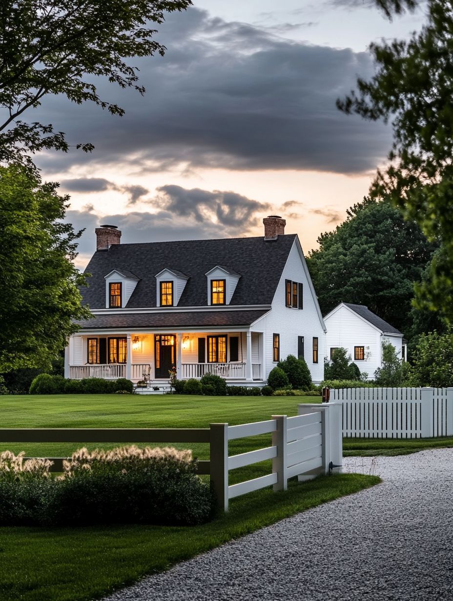 A white two-story house with lit windows sits behind a white fence and green lawn at dusk, with trees and a cloudy sky in the background.