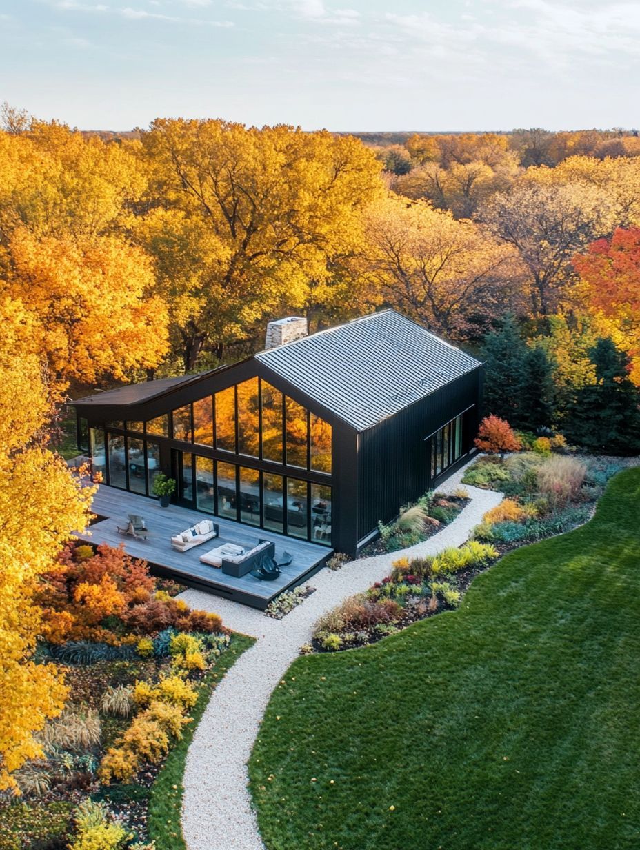 A modern black house with large windows sits amid colorful autumn trees, surrounded by landscaped gardens and a curved gravel path.