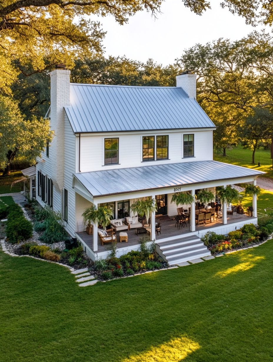 A two-story farmhouse with a metal roof, white siding, and a large covered porch surrounded by green lawn, trees, and landscaped flower beds.