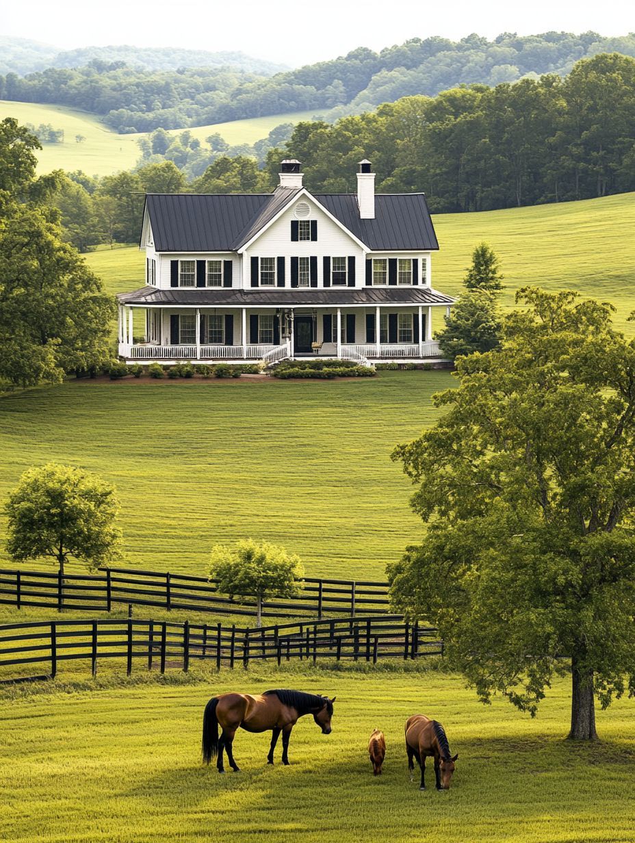 A white farmhouse with a black roof sits among green rolling hills, with horses grazing in a fenced pasture in the foreground.