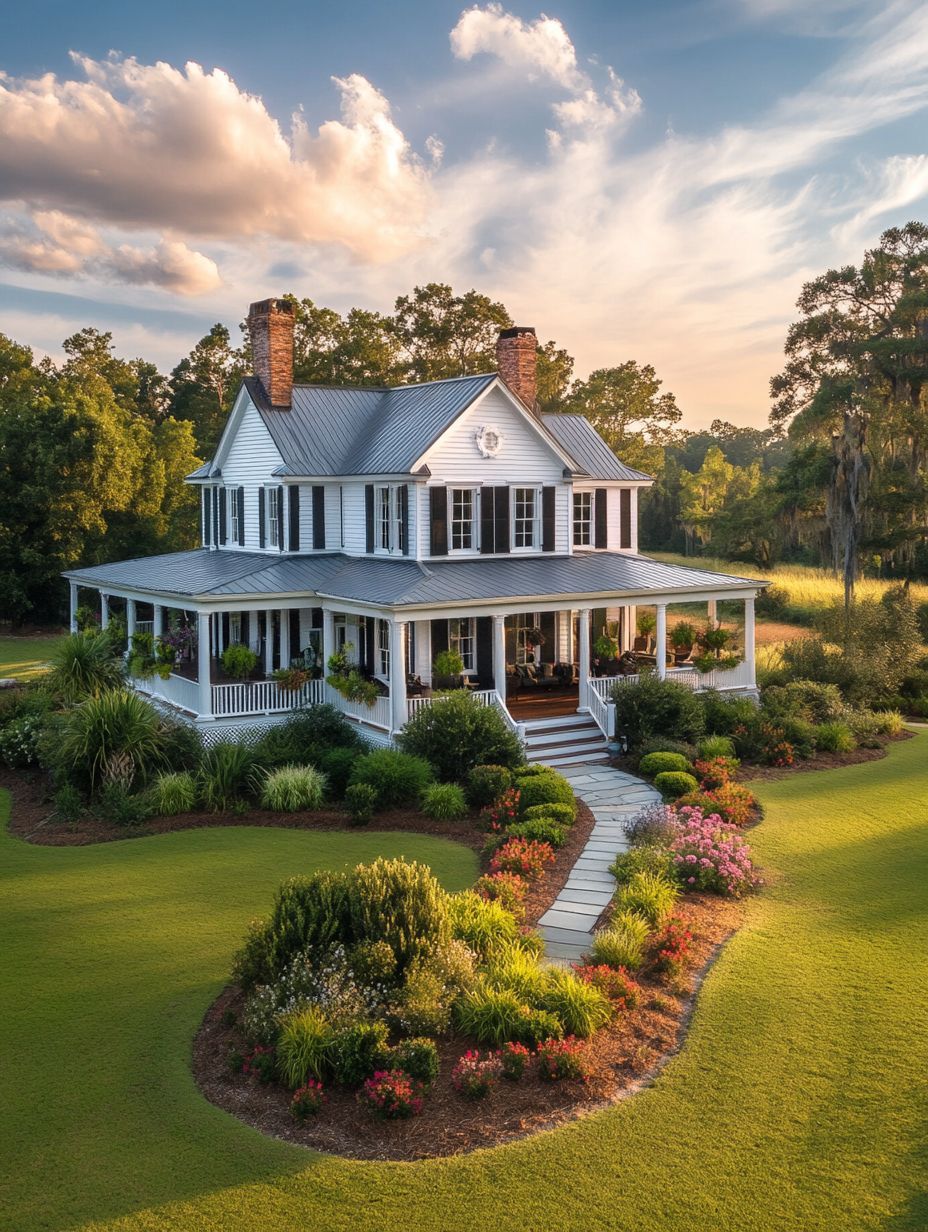 A two-story white house with a wraparound porch sits amid lush landscaping and manicured gardens under a partly cloudy sky.