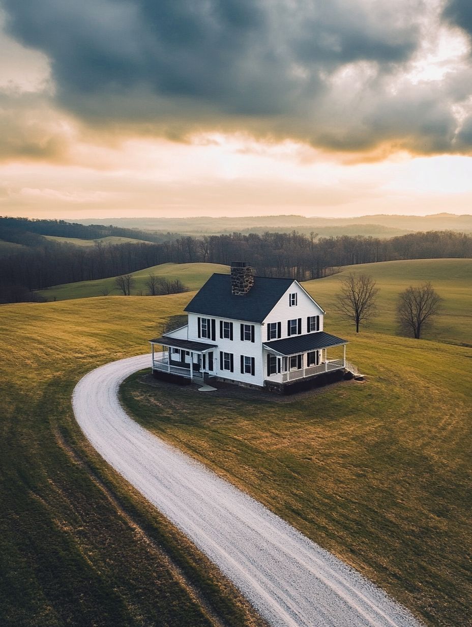 A white two-story farmhouse with a porch sits on a grassy hill, surrounded by open fields and a winding gravel driveway under a cloudy sky at sunset.