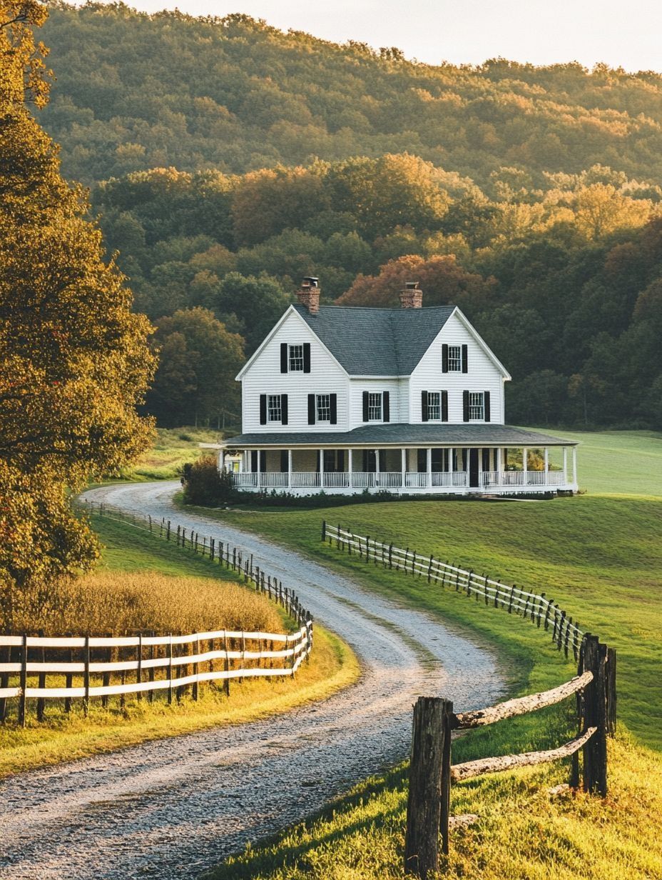 A white two-story farmhouse with a wraparound porch sits at the end of a curved gravel driveway, surrounded by fields and trees under a hillside.