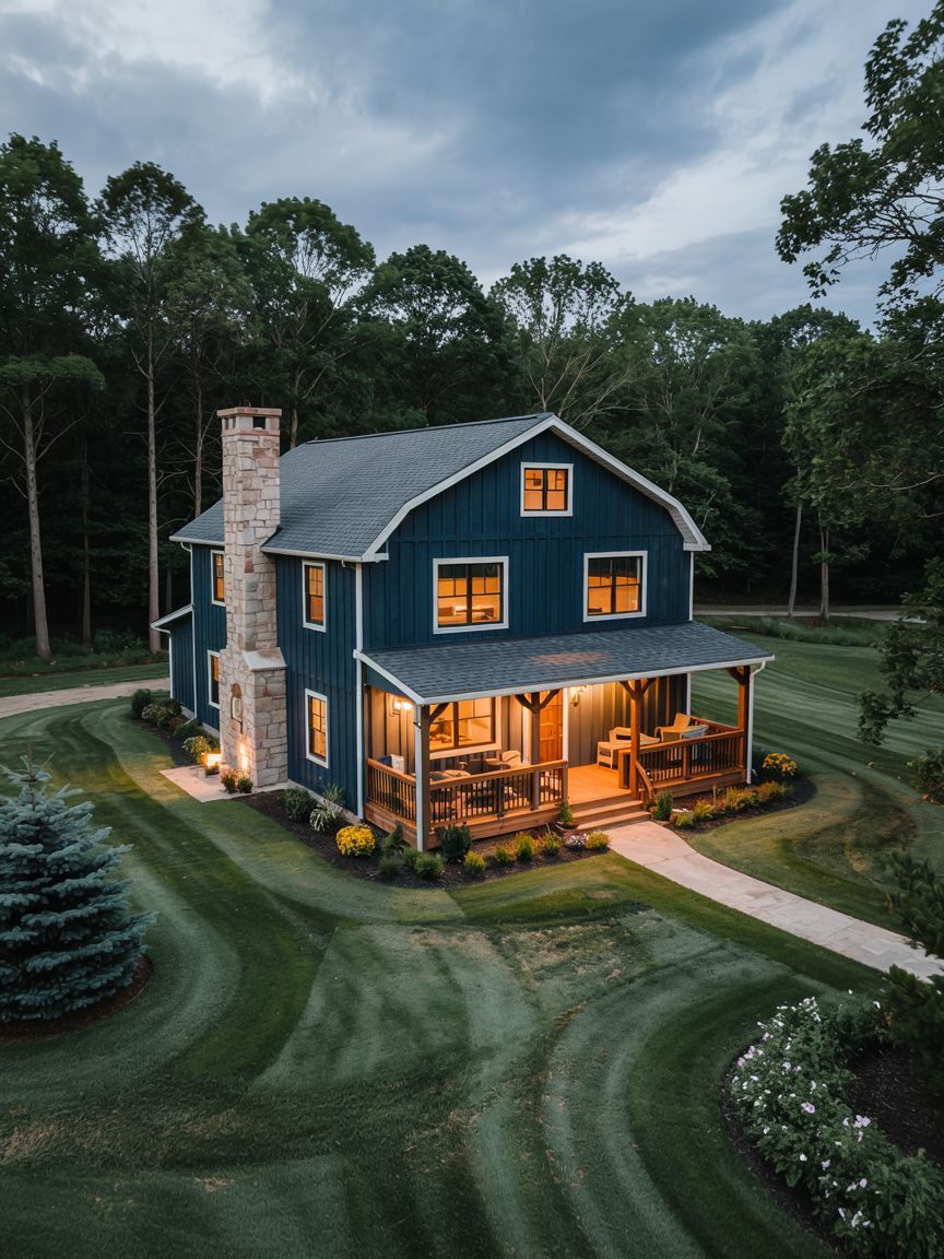 A two-story blue house with a stone chimney and a front porch is surrounded by a well-maintained lawn and trees, lit warmly in the early evening.