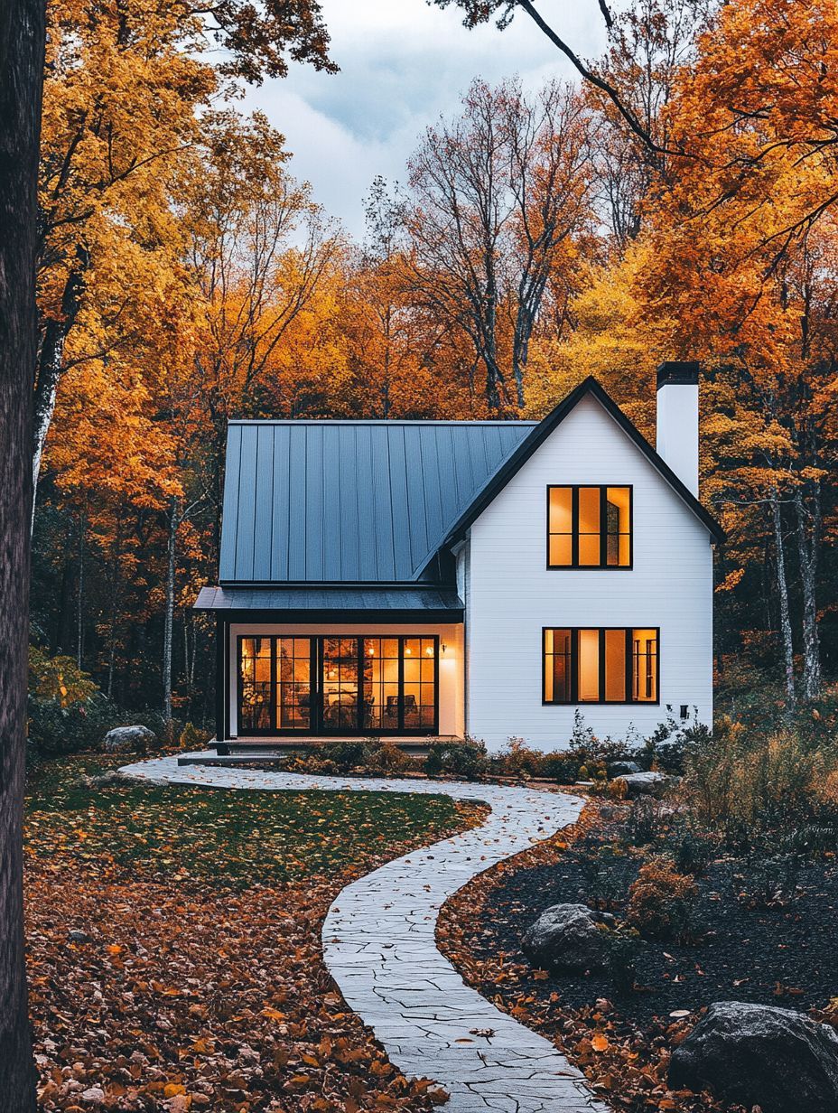 A modern white house with large windows sits among autumn trees, with a curved stone path leading to the front door and fallen leaves on the ground.