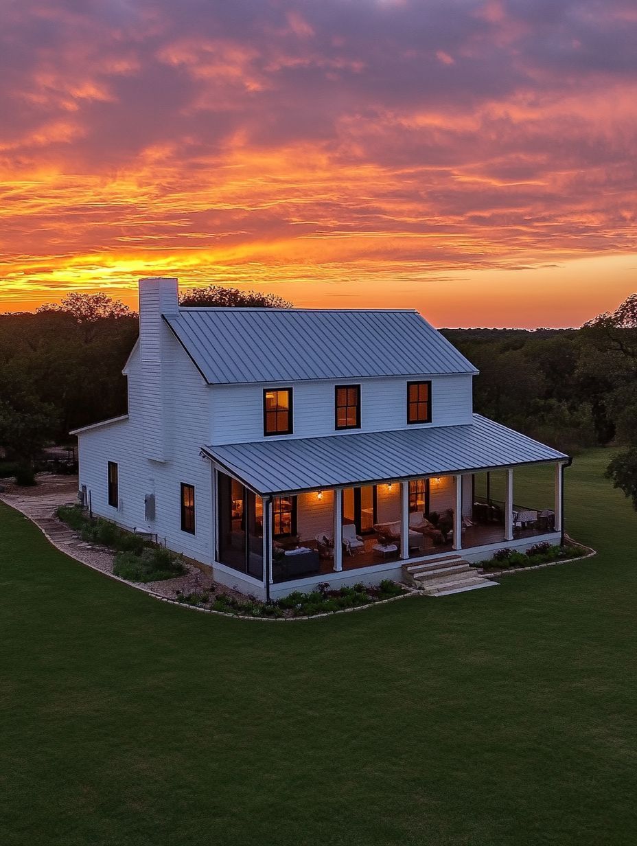 A white two-story house with a metal roof and wraparound porch sits on a large green lawn at sunset under a colorful sky.