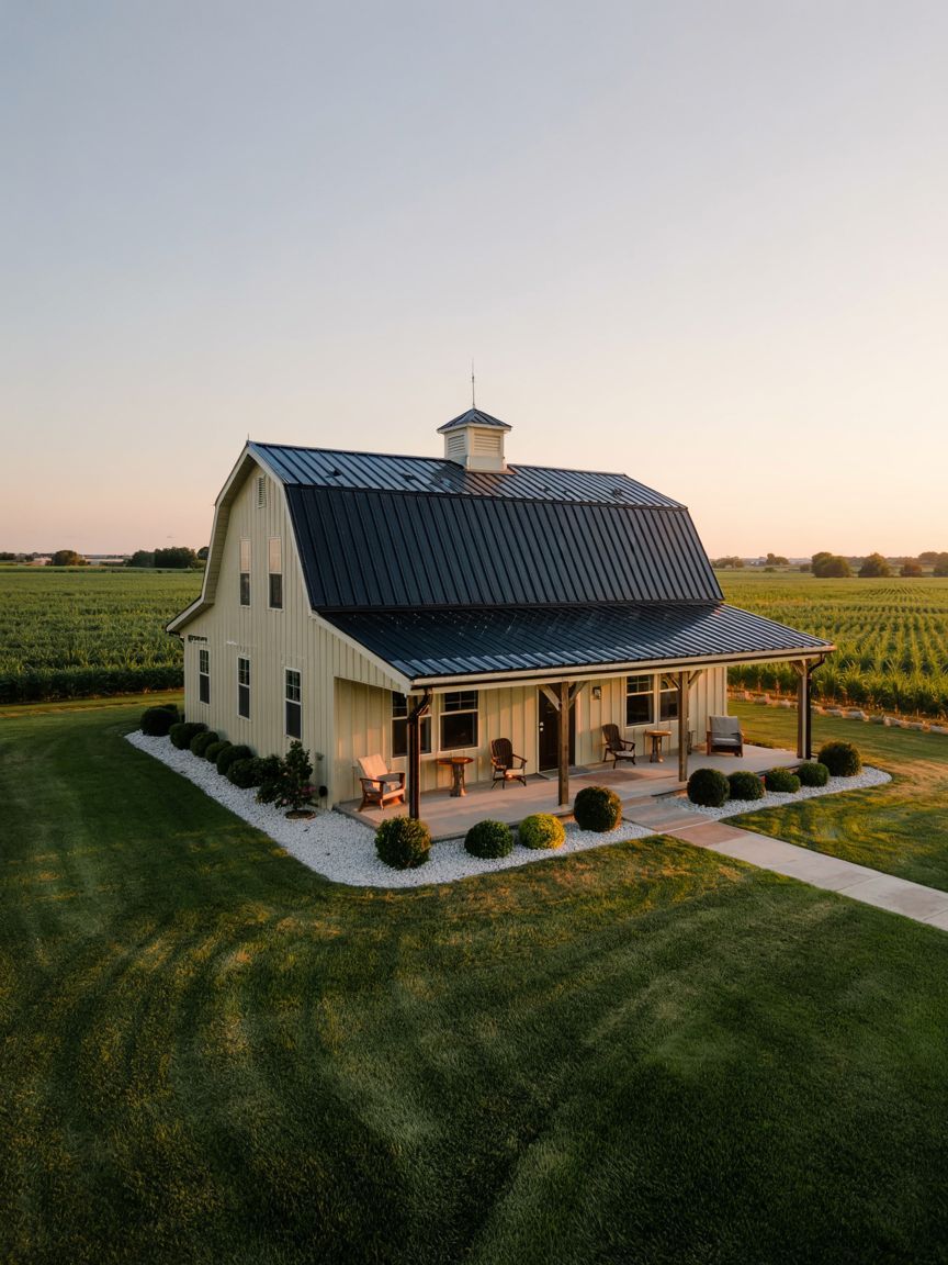 A white barn-style house with a black metal roof sits in a neatly manicured yard, surrounded by green fields under a clear sky at sunset.