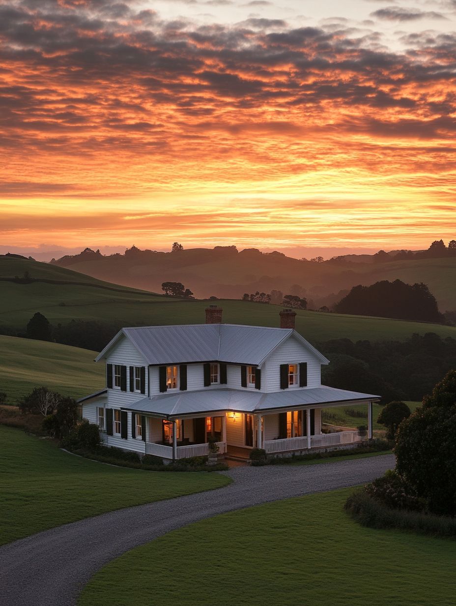 A white two-story house with a wraparound porch sits on green hills under a dramatic orange sunset sky.