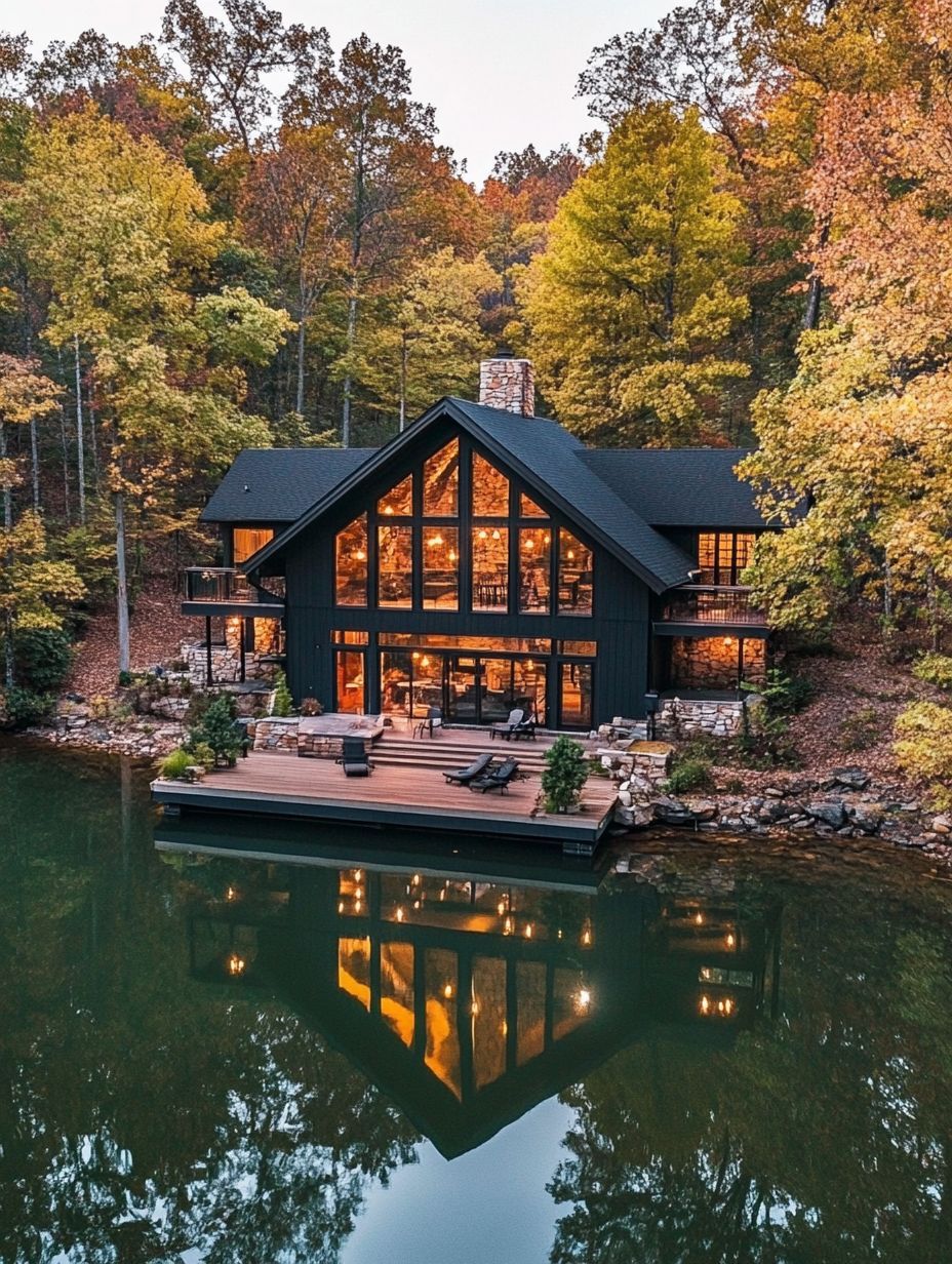 A modern lakeside cabin with large glass windows, a deck, and a dock sits surrounded by autumn trees, reflected in the calm water.