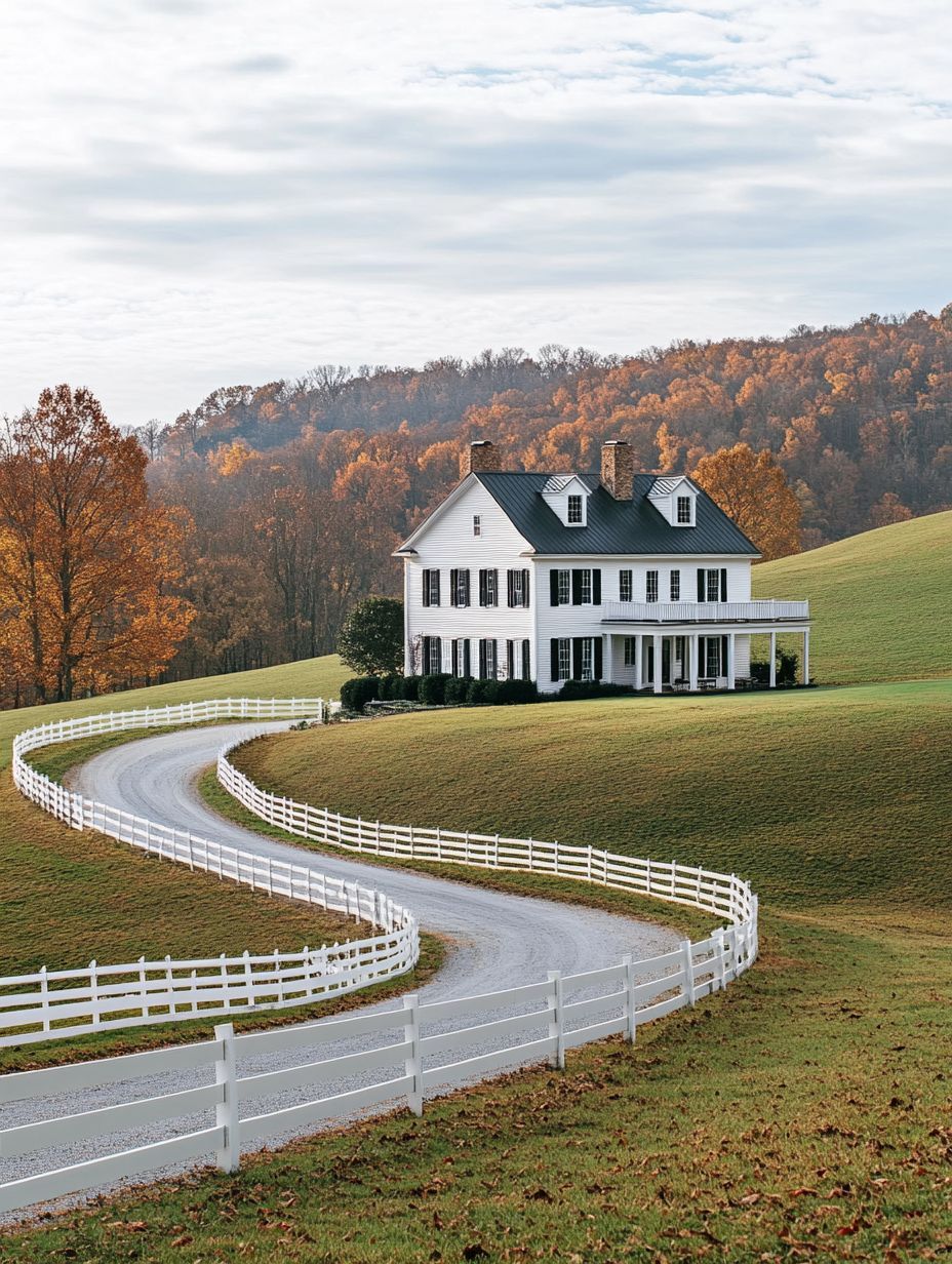 A white, two-story house with a black roof sits on a large grassy hill, with a winding driveway and white fencing, surrounded by autumn trees.