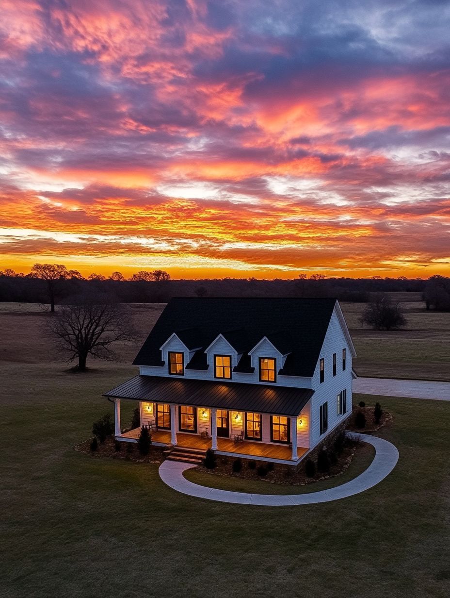 A white two-story house with a wraparound porch is surrounded by lawn under a dramatic orange and purple sunset sky.