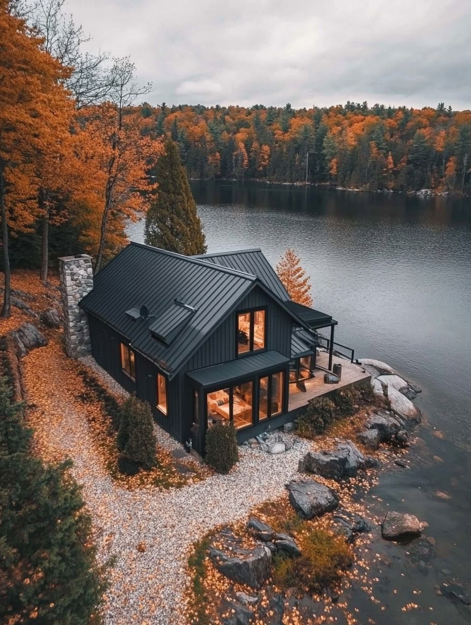 A modern black cabin with large windows sits by a lakeshore, surrounded by autumn trees with orange leaves and a cloudy sky overhead.