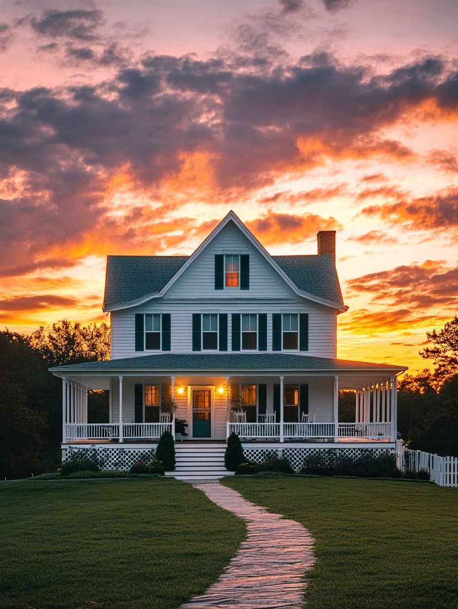A white two-story house with a wraparound porch sits on a manicured lawn, with a stone path leading to the front door, at sunset under a colorful sky.
