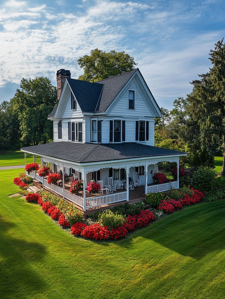 A white two-story house with a wraparound porch, decorated with red flowers, sits on a well-manicured green lawn surrounded by trees under a partly cloudy sky.
