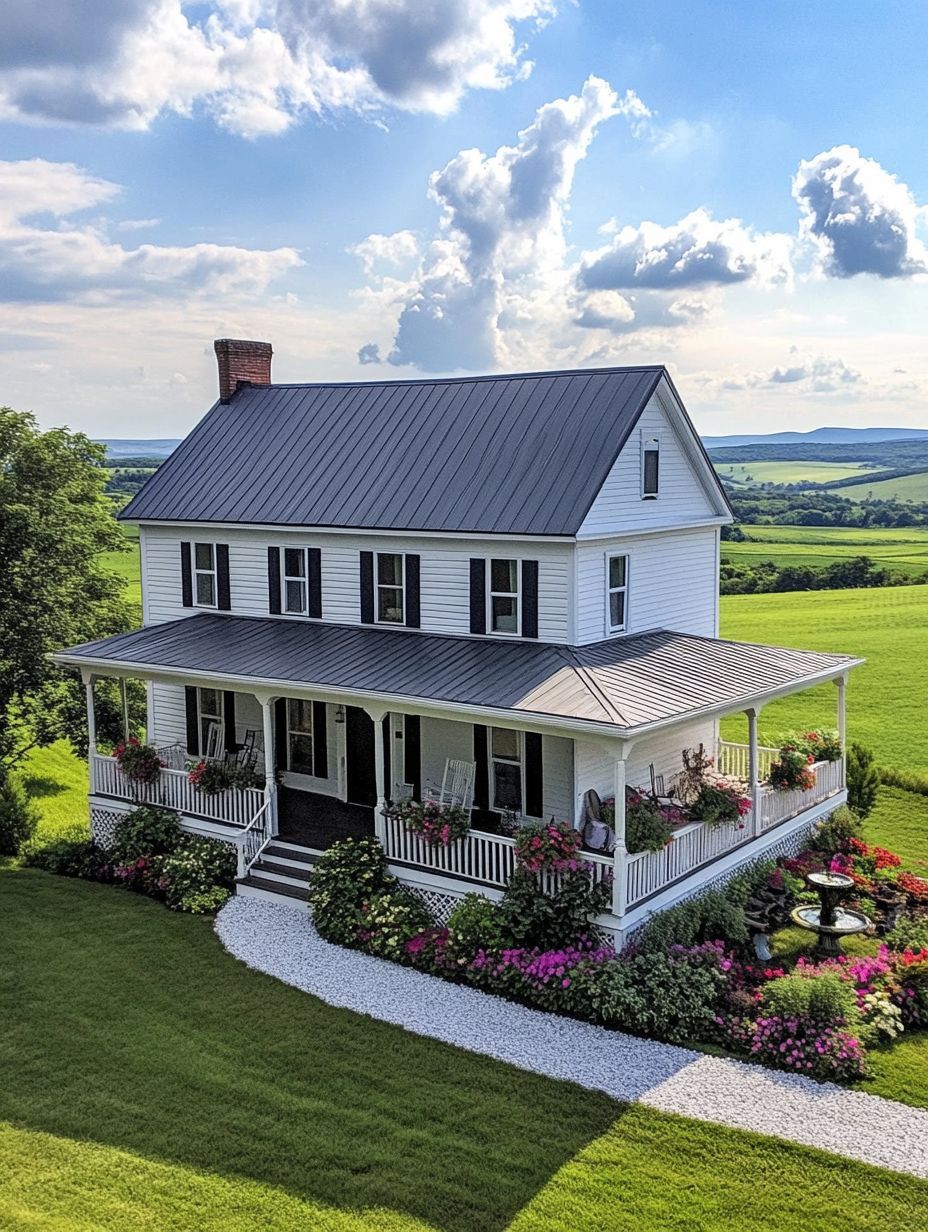 A two-story white farmhouse with a wraparound porch, surrounded by green lawns and colorful flower beds, set in a rural landscape under a partly cloudy sky.